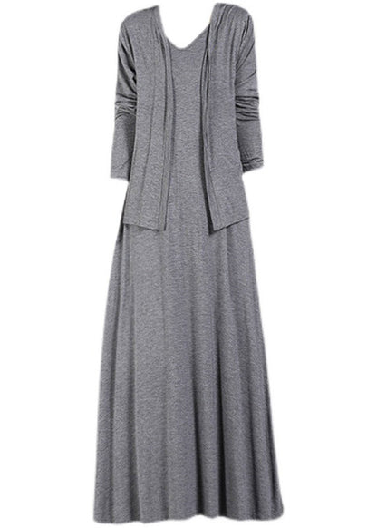 Loose Grey V Neck Cotton Cardigans and Dress Two Pieces Set Summer