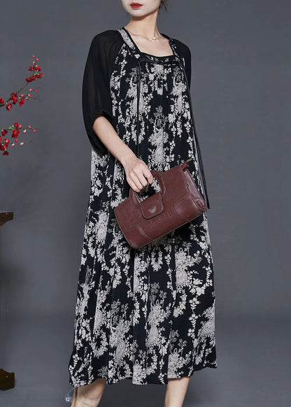 Black Tasseled Print Chiffon Holiday Dress Summer