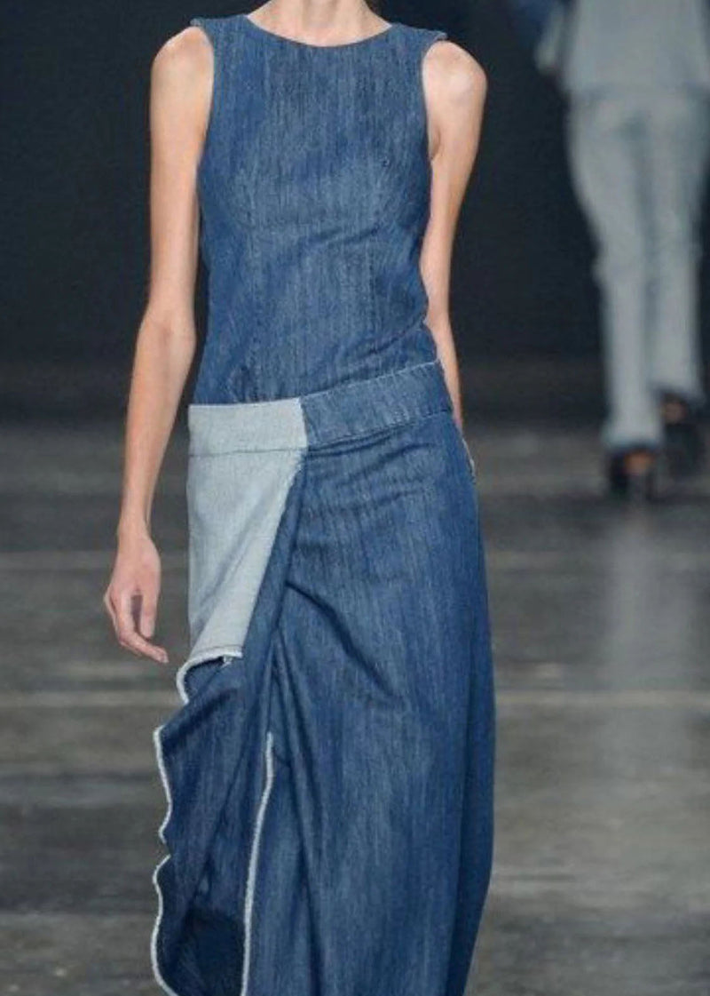 Blue Ruffled Patchwork Long Denim Dresses Sleeveless