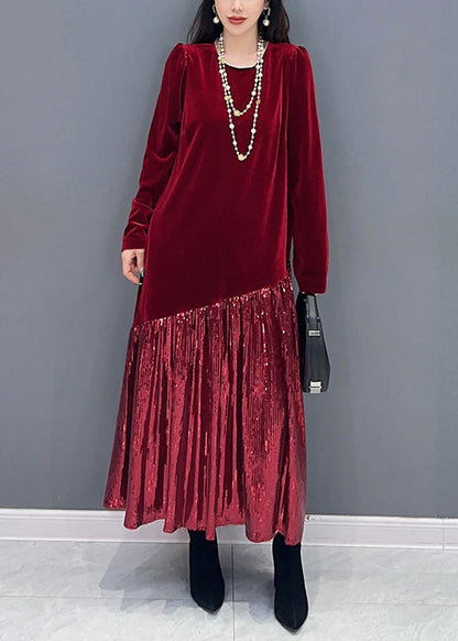 New Red Patchwork Silk Velour Long Dress Long Sleeve