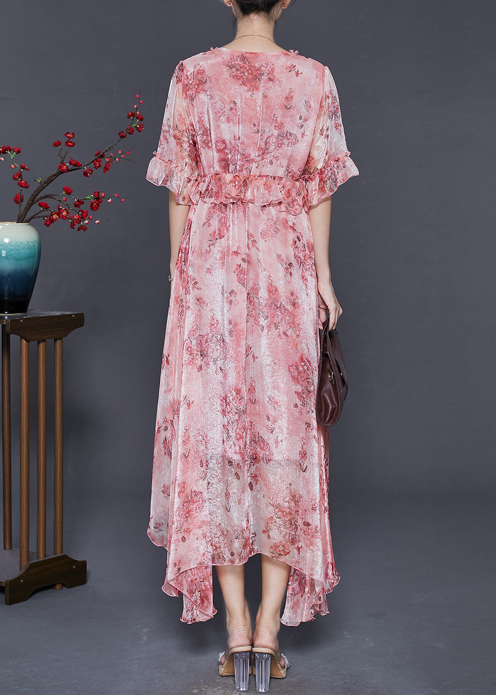 Pink Ruffled Print Silk Maxi Dresses Summer