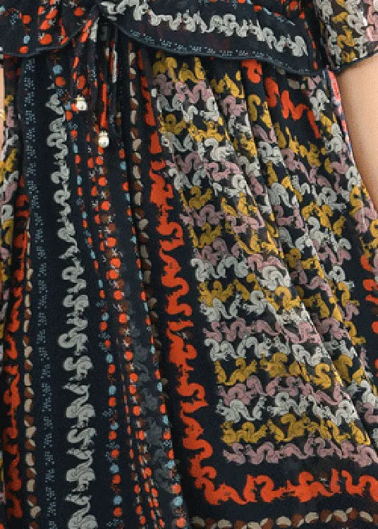 Navy V Neck Print Chiffon Maxi Dress and Slip Dress Two Pieces Set Half Sleeve