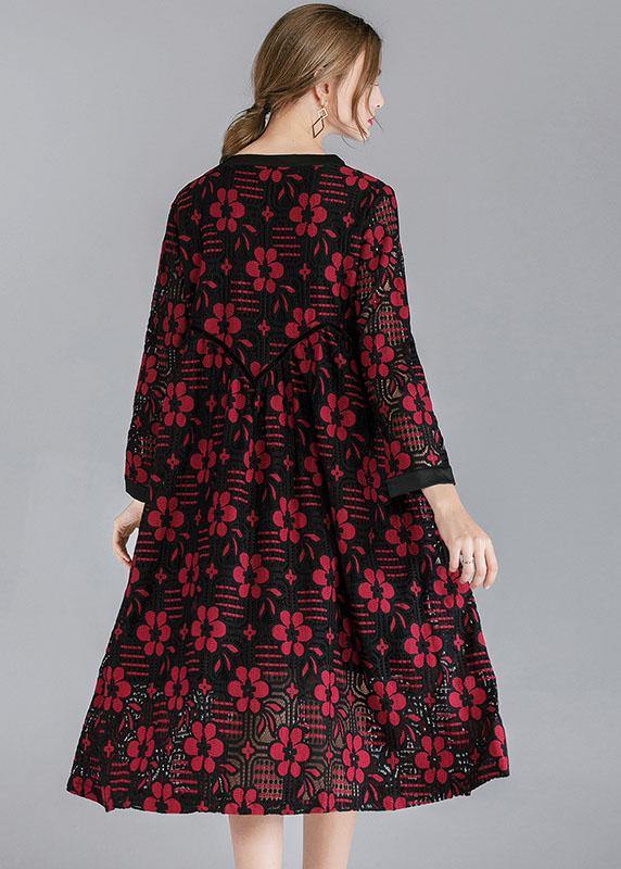 Red Loose O-neck Spring Party Dress Long Sleeve