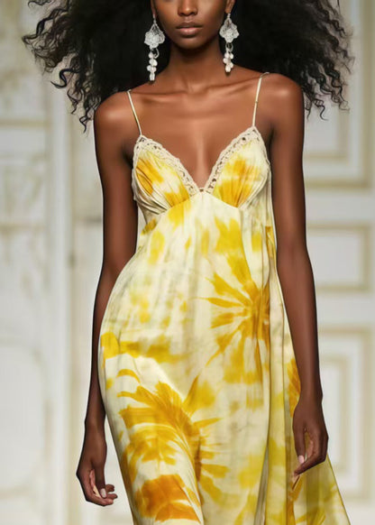 Yellow Print Chiffon Cami Dresses Summer