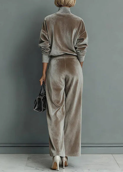 Loose Grey Turtleneck Pockets Tops and Pants Silk Velvet Two Pieces Set Spring