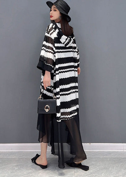 Loose Black Hooded Striped Print Low High Design Tulle Vacation Upf 50+ Dresses Bracelet Sleeve