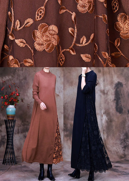 Diy Black Knit Patchwork Fall Long Sleeve Dresses