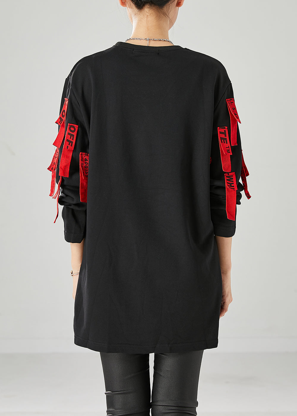 Unique Black Oversized Applique Cotton Pullover Fall