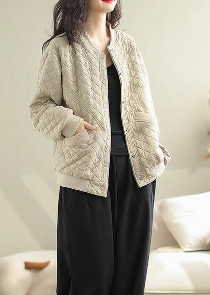 Beige Stand Collar Pockets Fine Cotton Filled Jacket Winter