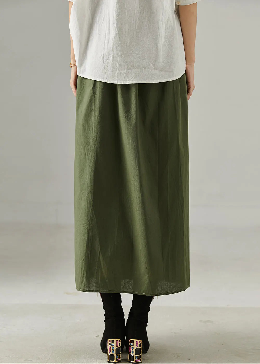 Green Patchwork Cotton a Line Skirt Elastic Waist Fall