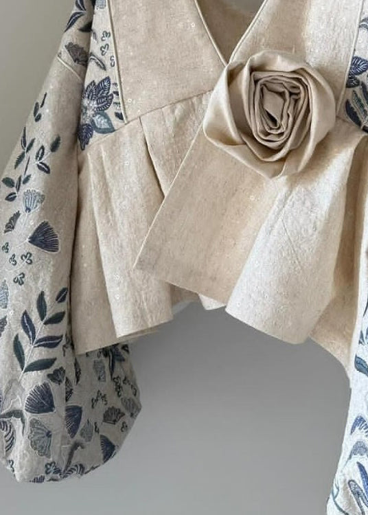 Original Design Beige V Neck Patchwork Cotton Coats Lantern Sleeve