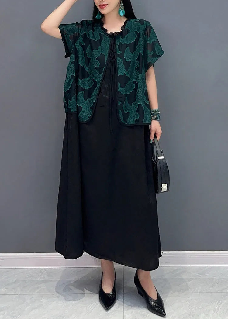 Handmade Green O-neck Print Fake Two Pieces Long Dress Summer