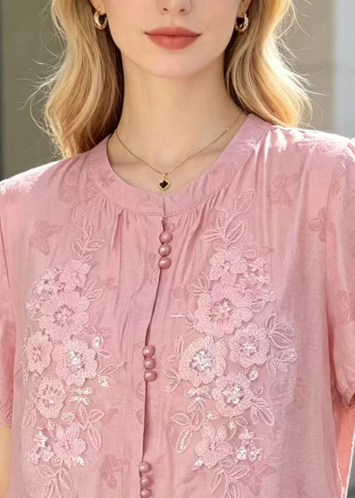 Natural Pink Embroidered Butterfly Cotton Blouse Tops Summer