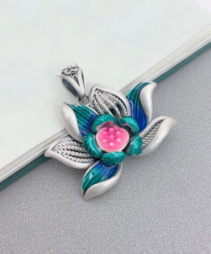 Diy Green Sterling Silver Cloisonne Lotus Hollow Out Pendant Necklace