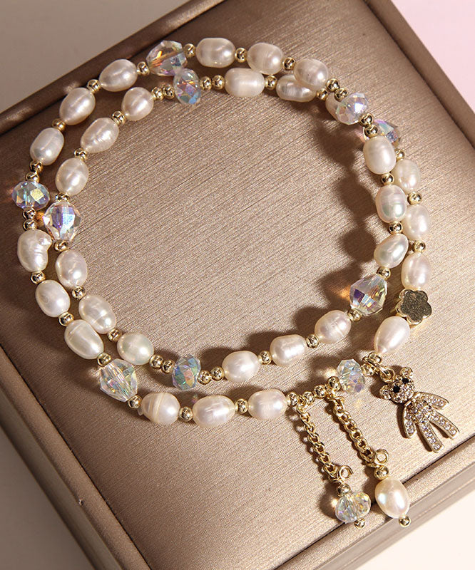 Champagne Alloy Inlaid Pearl Gem Stone Little Bear Charm Bracelet