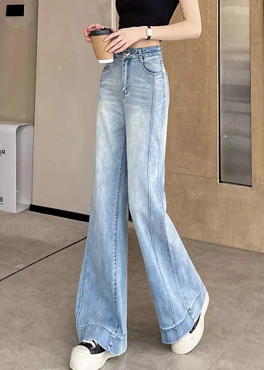 Light Blue Pockets Patchwork Denim Pants Fall
