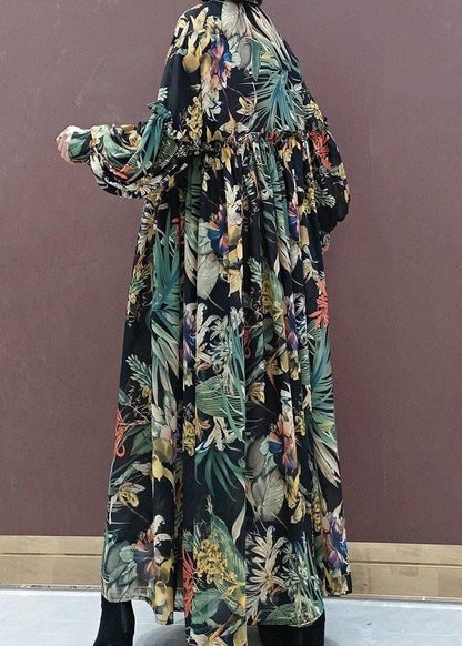 Italian Stand Collar Cinched Spring Dress Runway Green Print Loose Dress