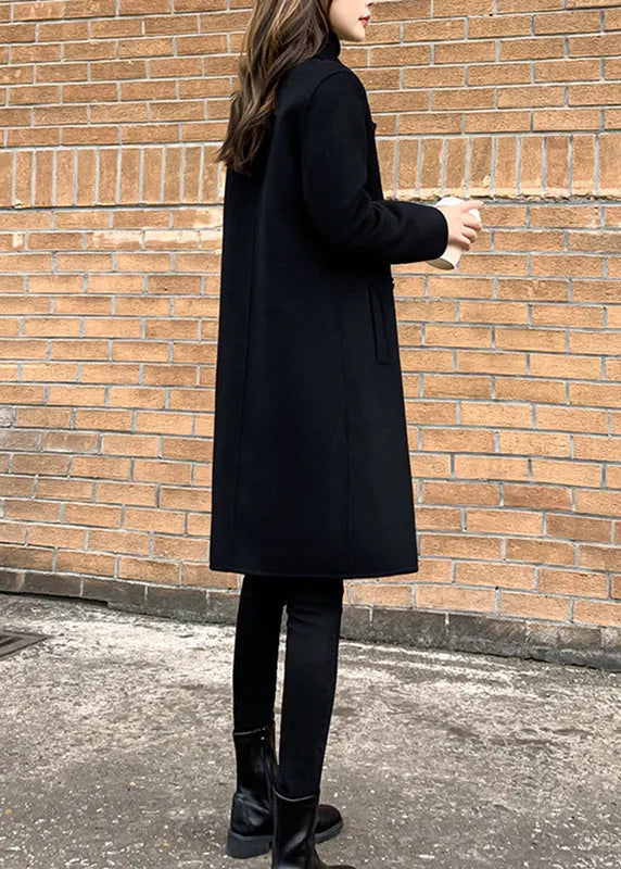 Slim Fit Black Notched Button Woolen Coats Fall