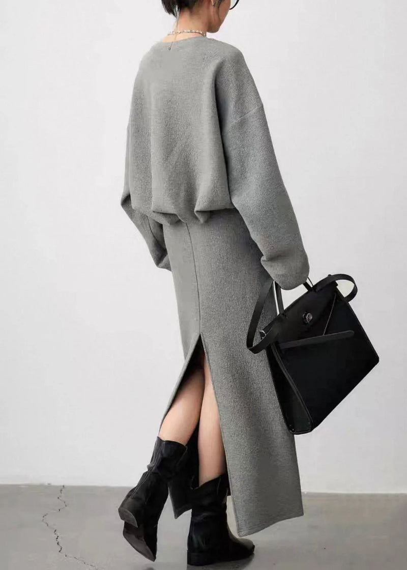 Grey O Neck Side Open Sweatshirt and Skirts Cotton Two Pieces Set Fall