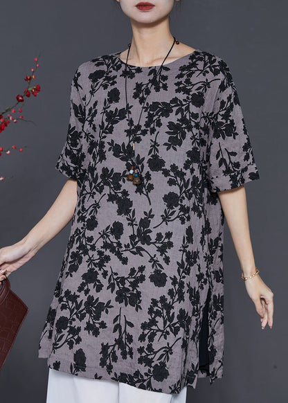 Grey Print Side Open Linen Long Tops Summer