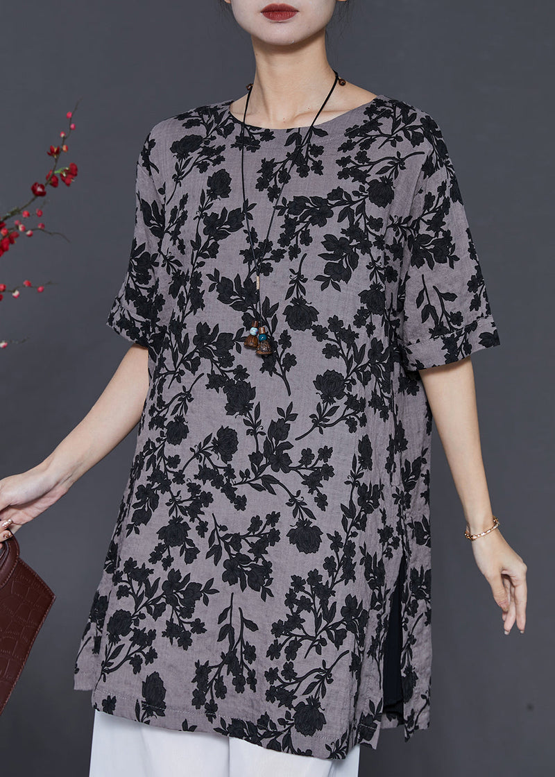 Grey Print Side Open Linen Long Tops Summer
