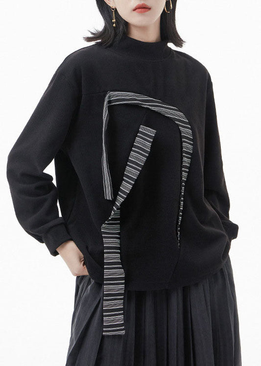 Black Stand Collar Patchwork Sweatshirts Top Spring