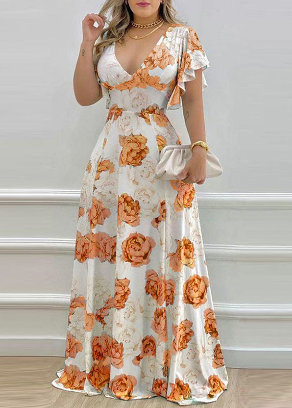 Blue V Neck Print Cotton Maxi Dresses Petal Sleeve