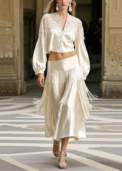 French White Tasseled Draping Silk Two Pieces Set Spring