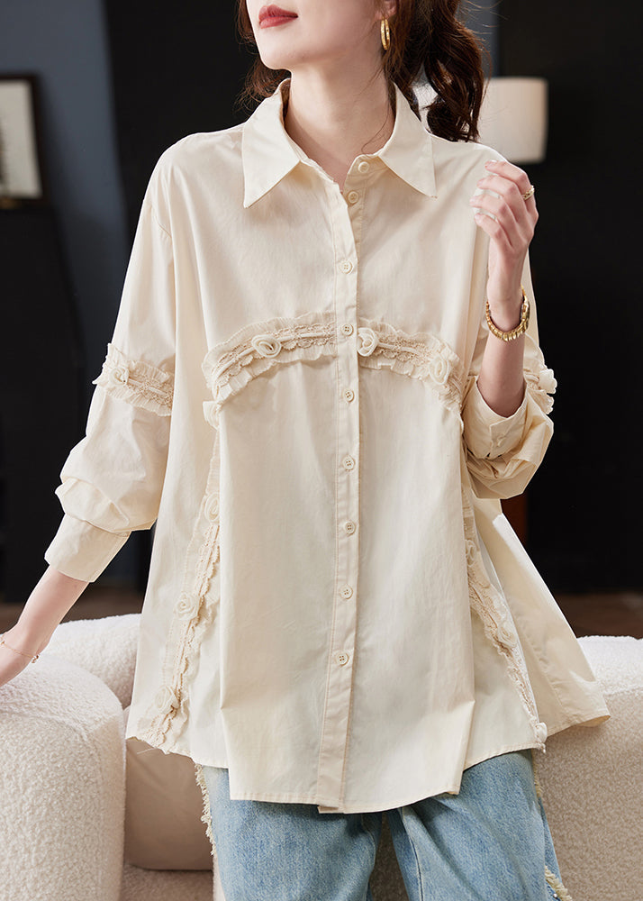 Apricot Peter Pan Collar Ruffled Patchwork Cotton Shirt Spring