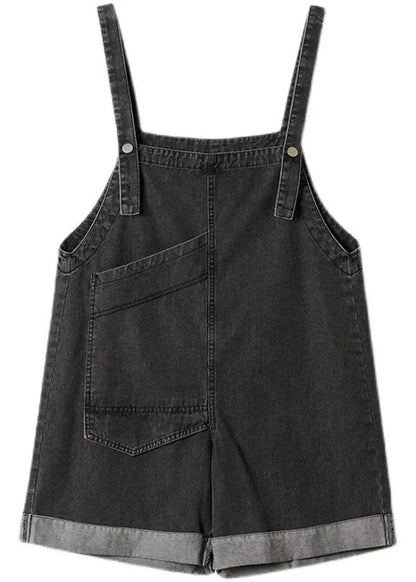 Handmade Black Asymmetrical Patchwork Pockets Denim Jumpsuit Sleeveless