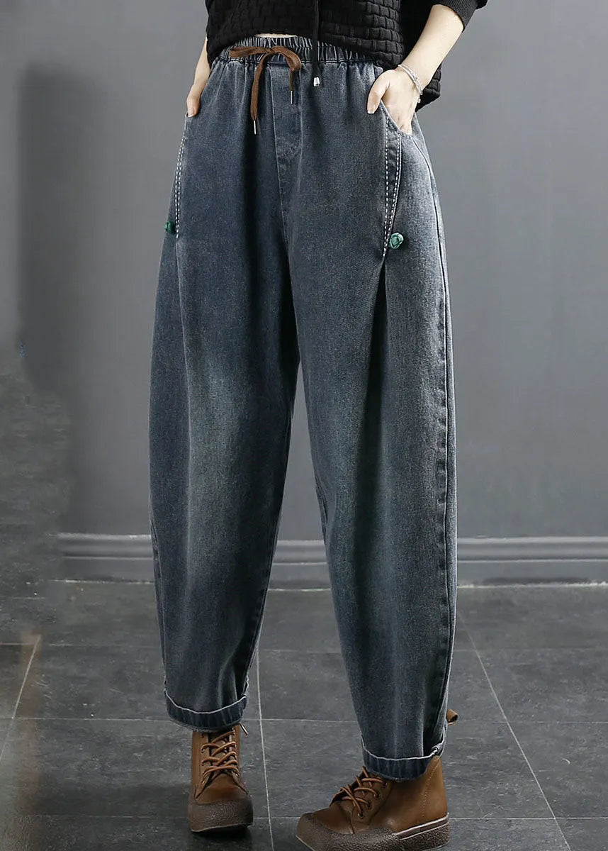 Blue Pockets Patchwork Elastic Waist Cotton Denim Harem Pants Fall