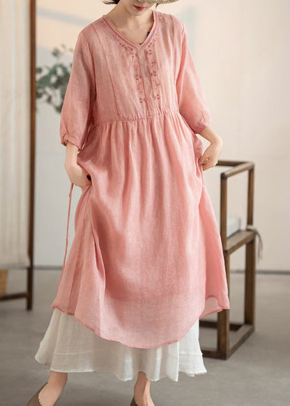 Pink V Neck Patchwork Linen Dresses Summer