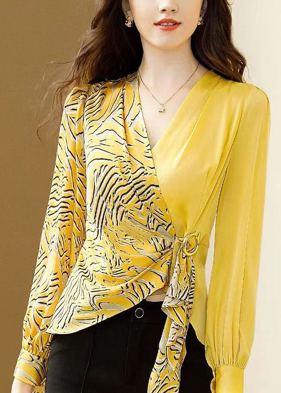 Yellow V Neck Asymmetrical Print Chiffon Tops Spring