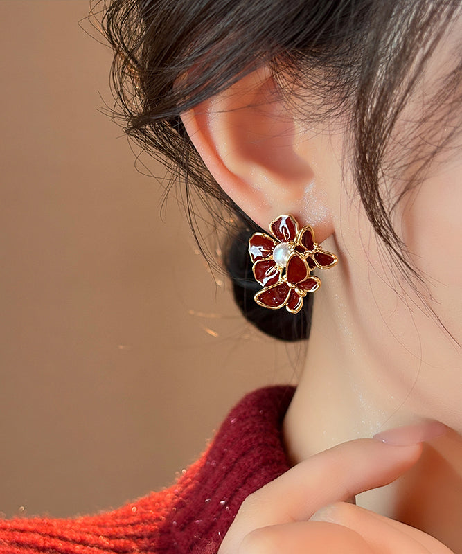 Red Copper Alloy Butterfly Pearl Stud Earrings