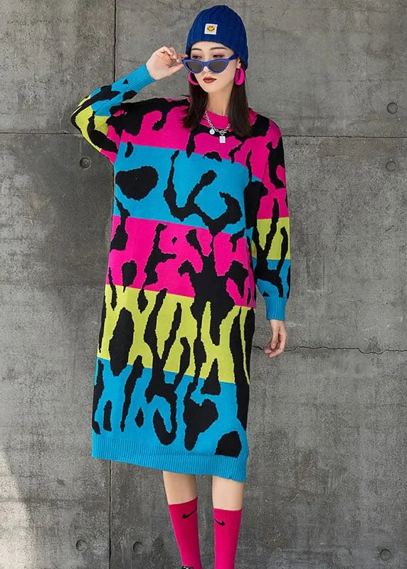 Rose O-neck Loose Knit Fall Straight Maxi Dress Long Sleeve