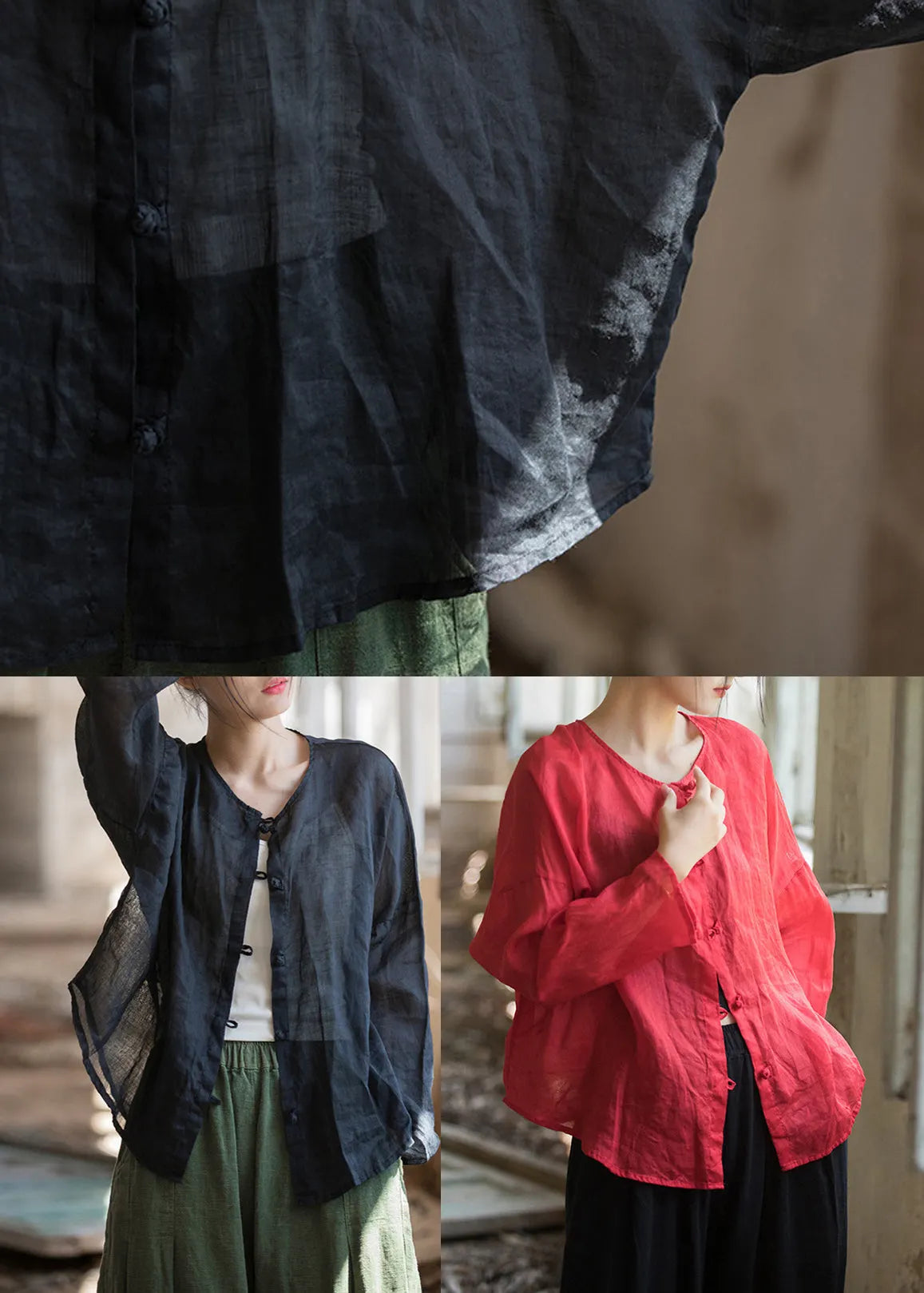 Red Loose Linen Shirts O-neck Button Down Fall