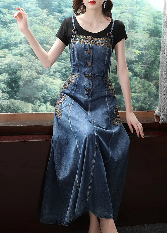 French Denim Blue Embroideried Button Pockets Cotton Spaghetti Strap Dresses Summer