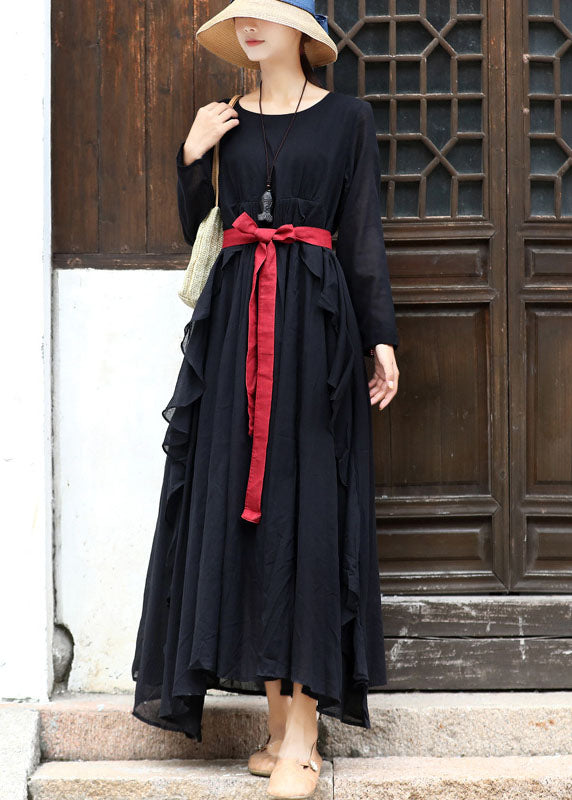 Black Asymmetrical Design Cotton Loose Dress Long Sleeve