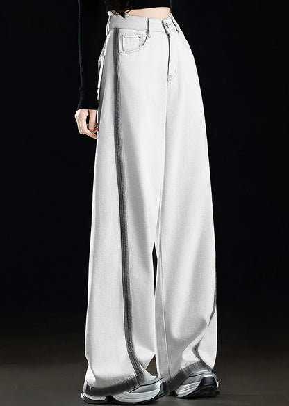 Grey White Pockets Patchwork Denim Wide Leg Pants Spring