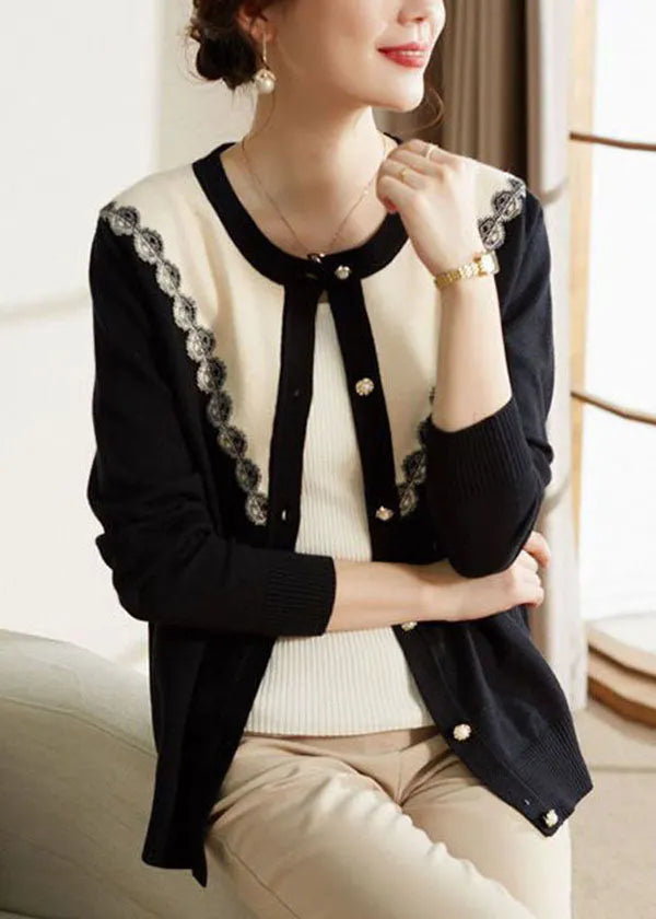 French Black O-neck Patchwork Button Knit Coats Long Sleeve