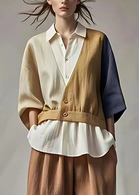 Classy Colorblock Patchwork Button Fake Two Pieces Shirts Bracelet Sleeve