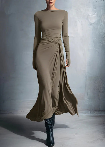 New Minimalist Grey Slash Neck Slim Fit Long Dress Spring