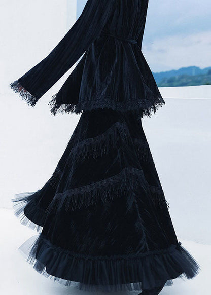 Black Patchwork Tulle Tasseled Velour Skirts Spring