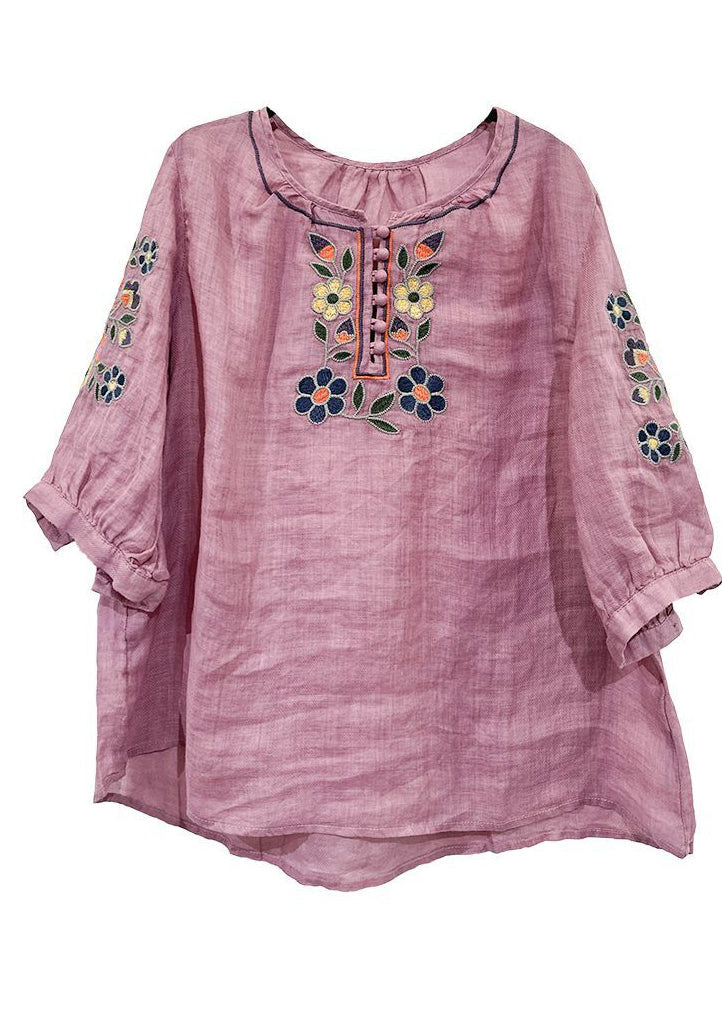 Style Rose O-neck Embroideried Linen Shirt Tops Summer
