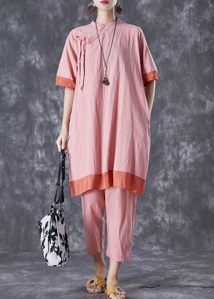 Pink Patchwork Lace Up Linen Dress and Pants Two Pieces Set Summer
