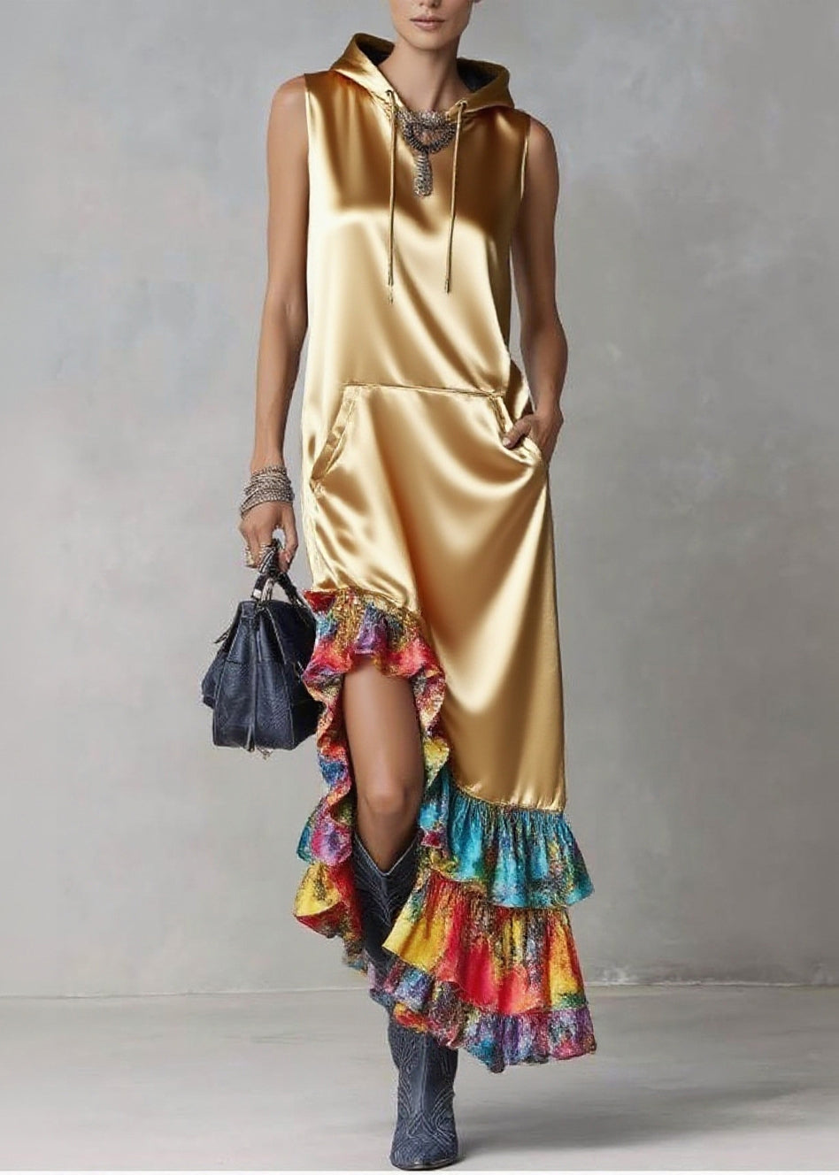 Golden Asymmetrical Patchwork Ruffles Silk Hooded Dresses Sleeveless