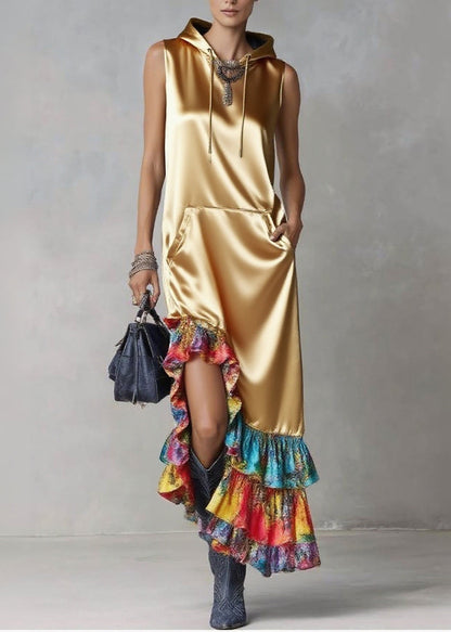 Golden Asymmetrical Patchwork Ruffles Silk Hooded Dresses Sleeveless
