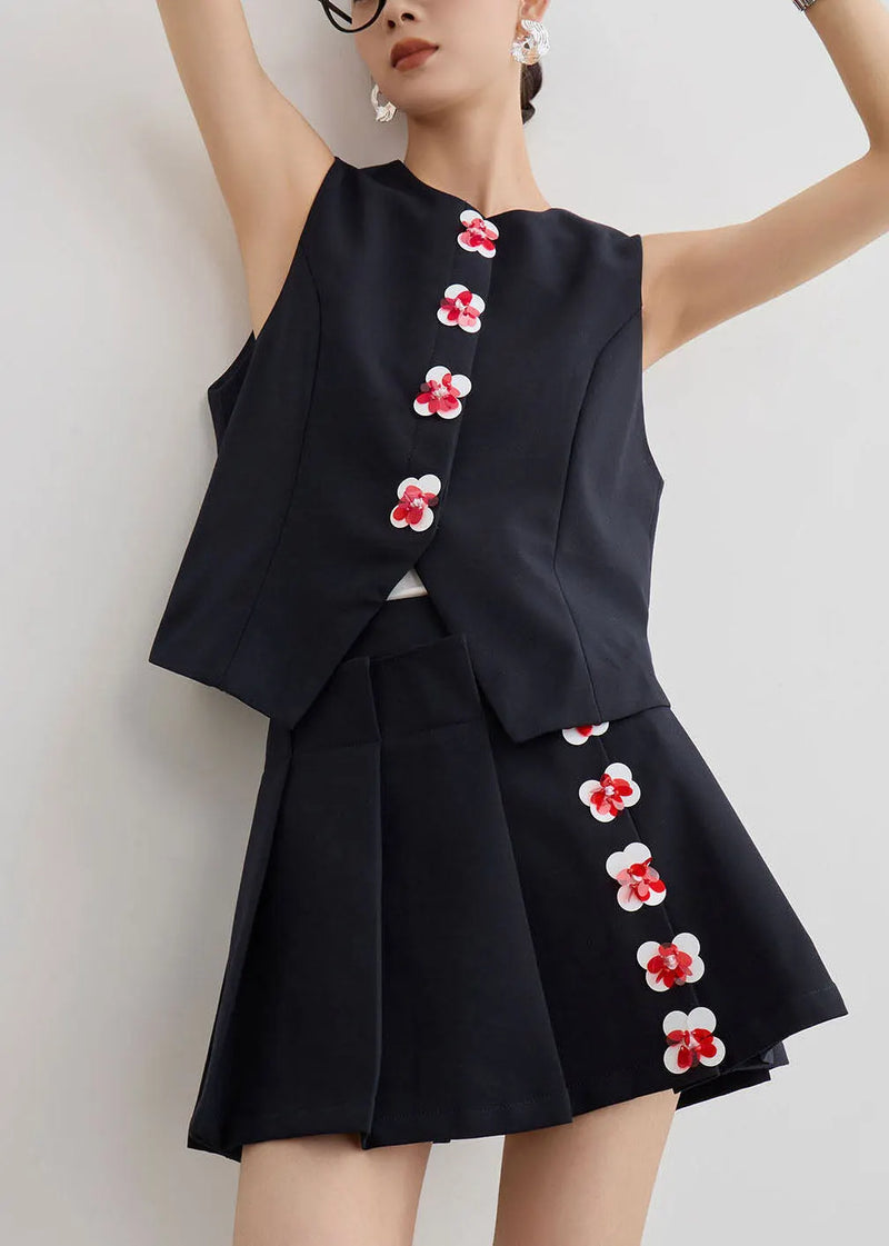 New Black O Neck Vest and Skirts Two Pieces Set Summer