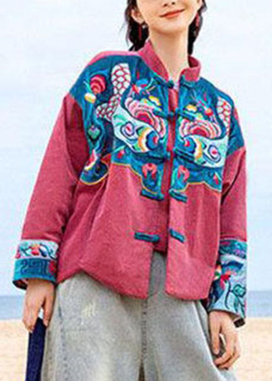 Unique Red Button Stand Collar Embroideried Corduroy Coat Spring