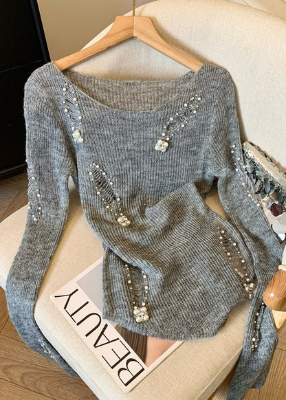 Modern Grey Nail Bead Hollow Out Knit Tops Spring